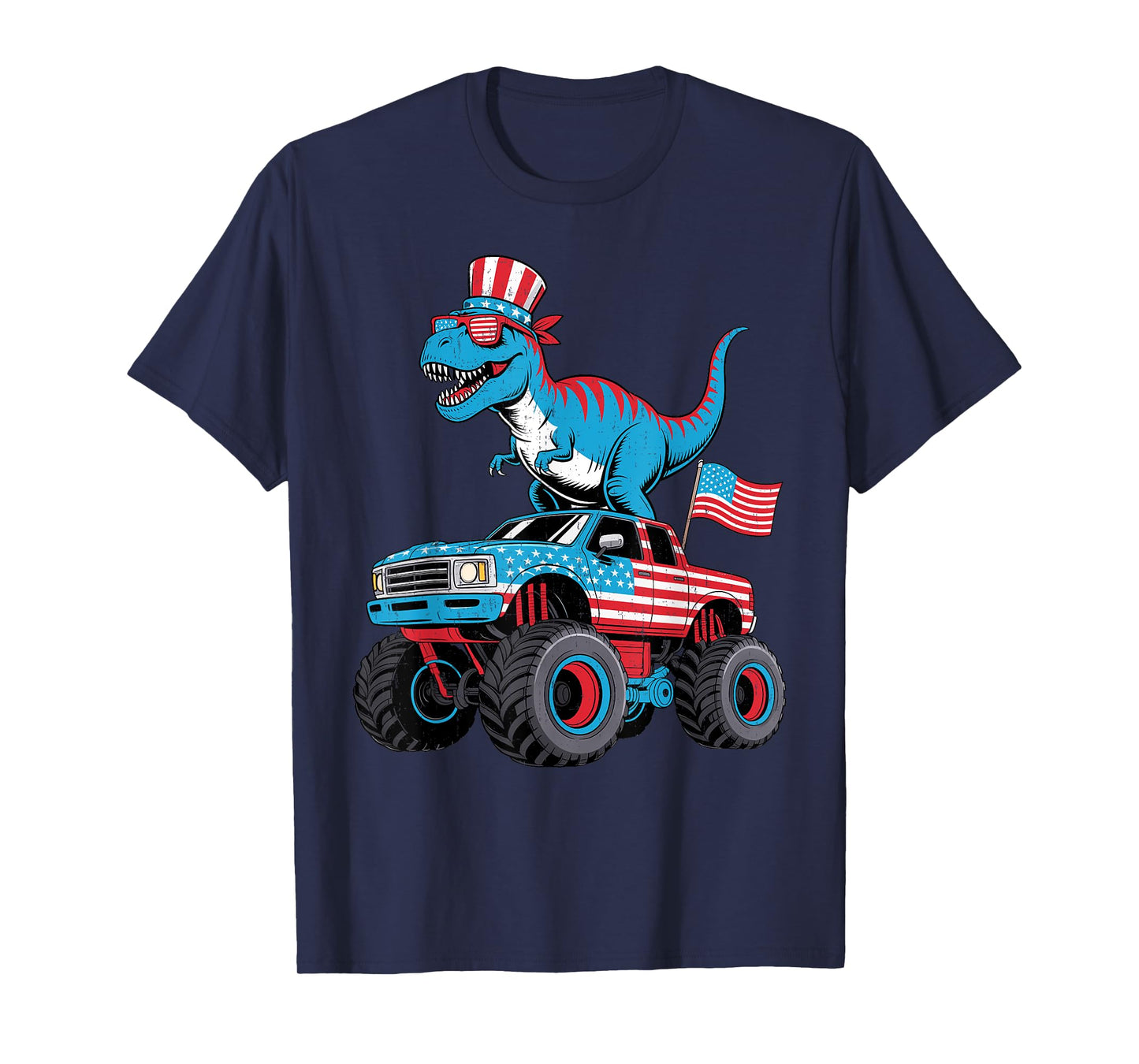 Funny 4th of July T Rex Monster Truck USA Flag For Kids Boys T-Shirt