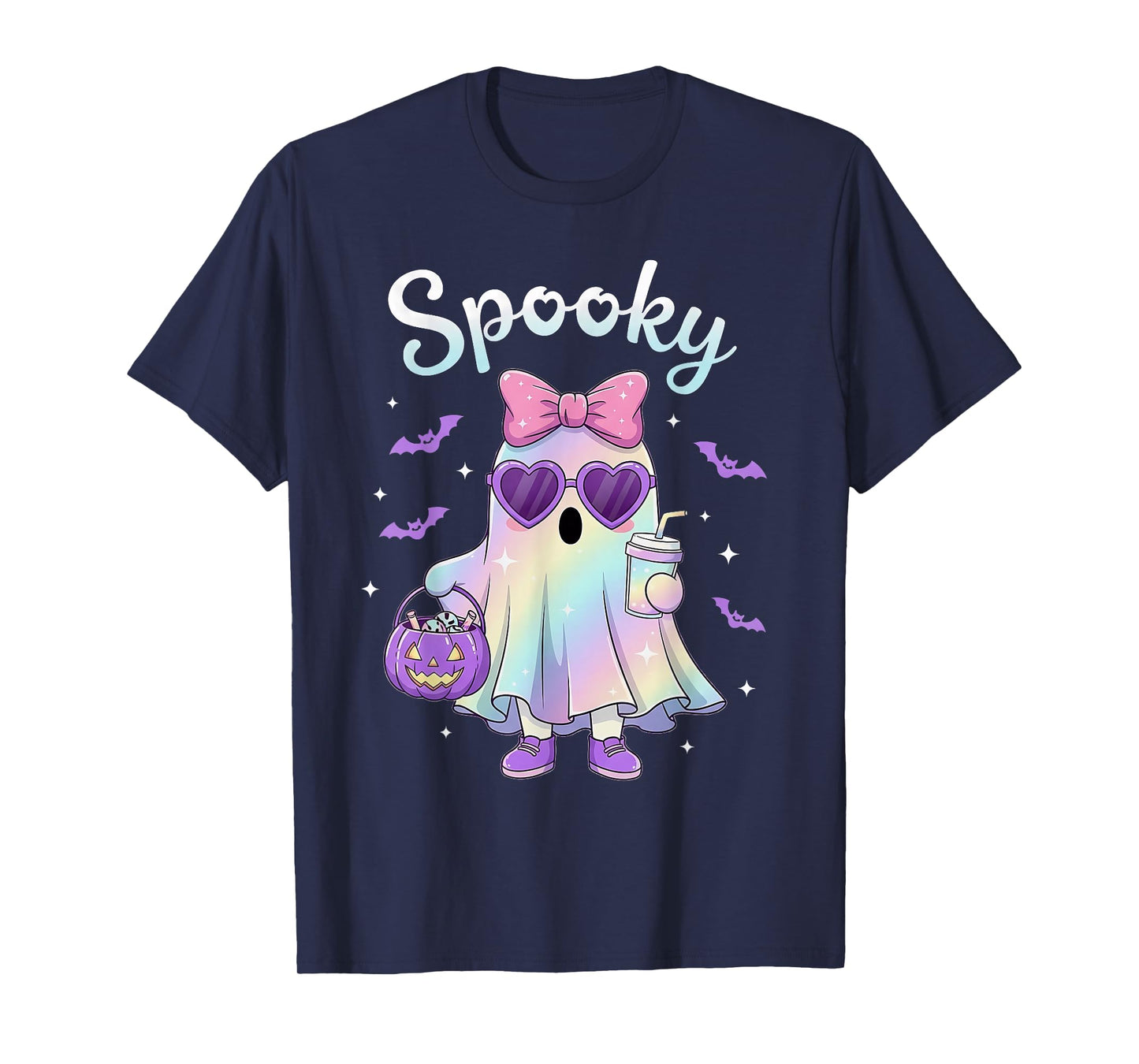 Pastel Galaxy Spooky Ghost Halloween Kids Ghost Coquette Bow T-Shirt