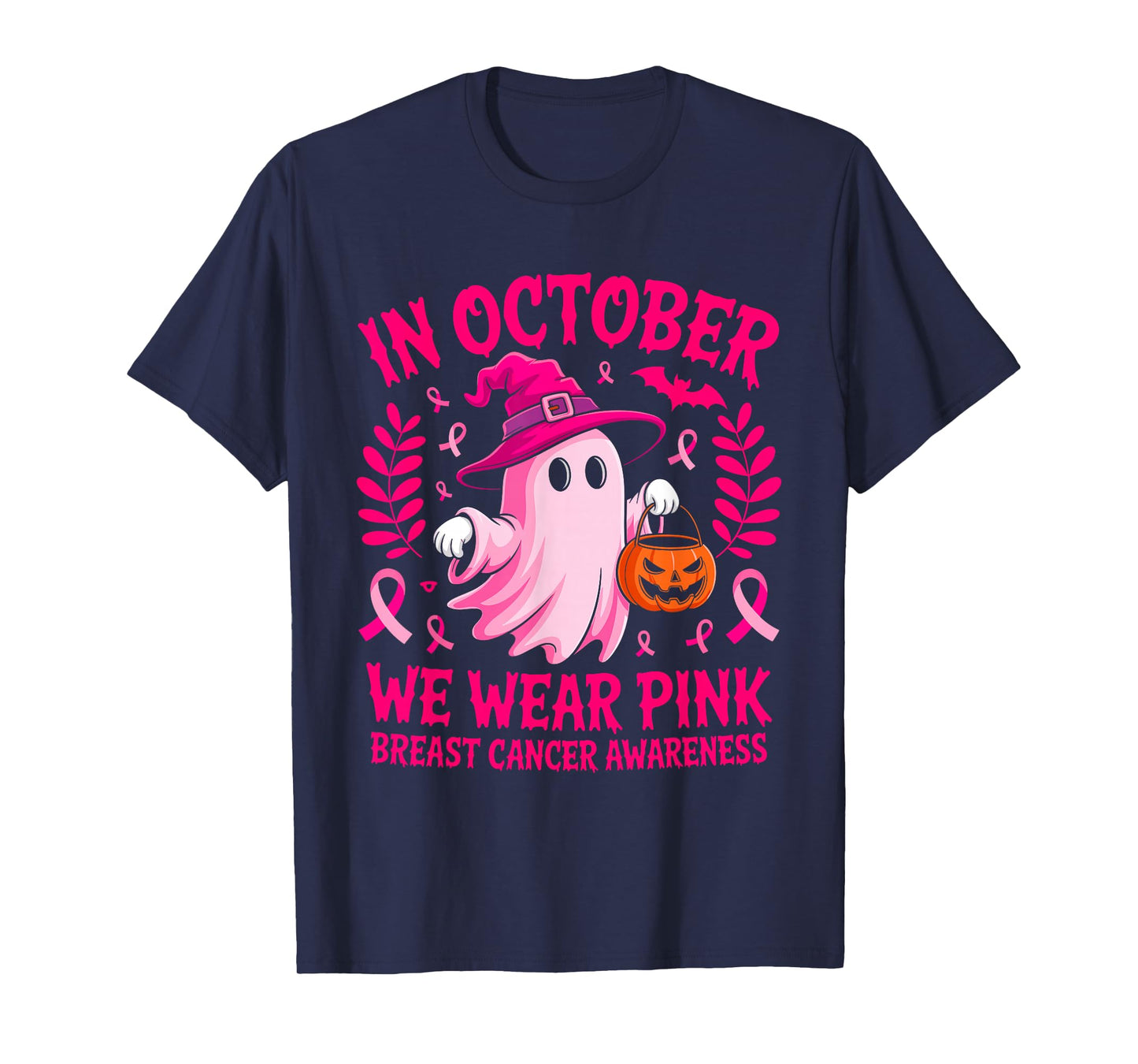 in October We Wear Pink Ghost Halloween Awareness for Women T-Shirt