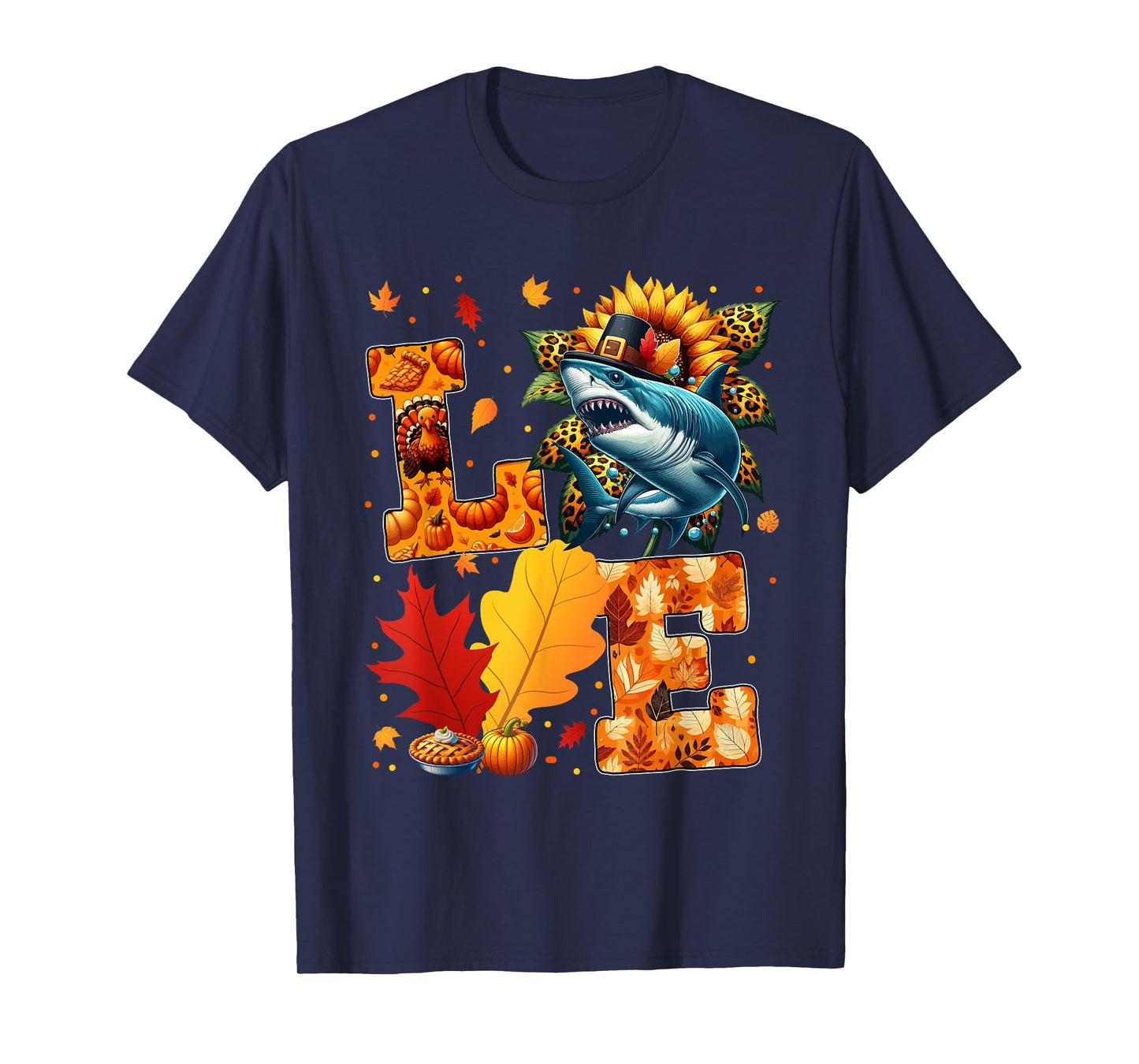LOVE Thanksgiving Shark Fall Leaves Sunflower Sea Animals T-Shirt