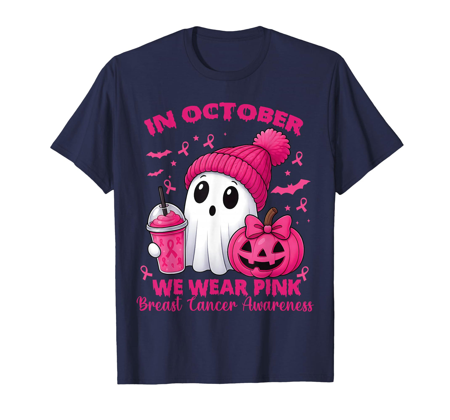 Breast Cancer Halloween Women in October We Wear Pink Bow T-Shirt