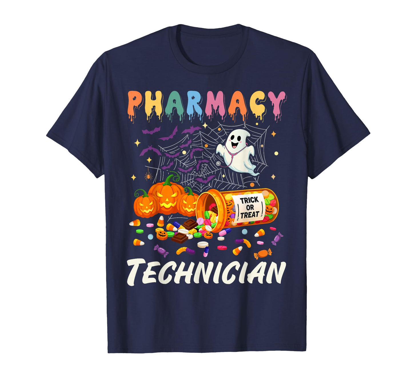 Pharmacy Technician Ghost Pumpkin Pharm Tech Funny Halloween T-Shirt