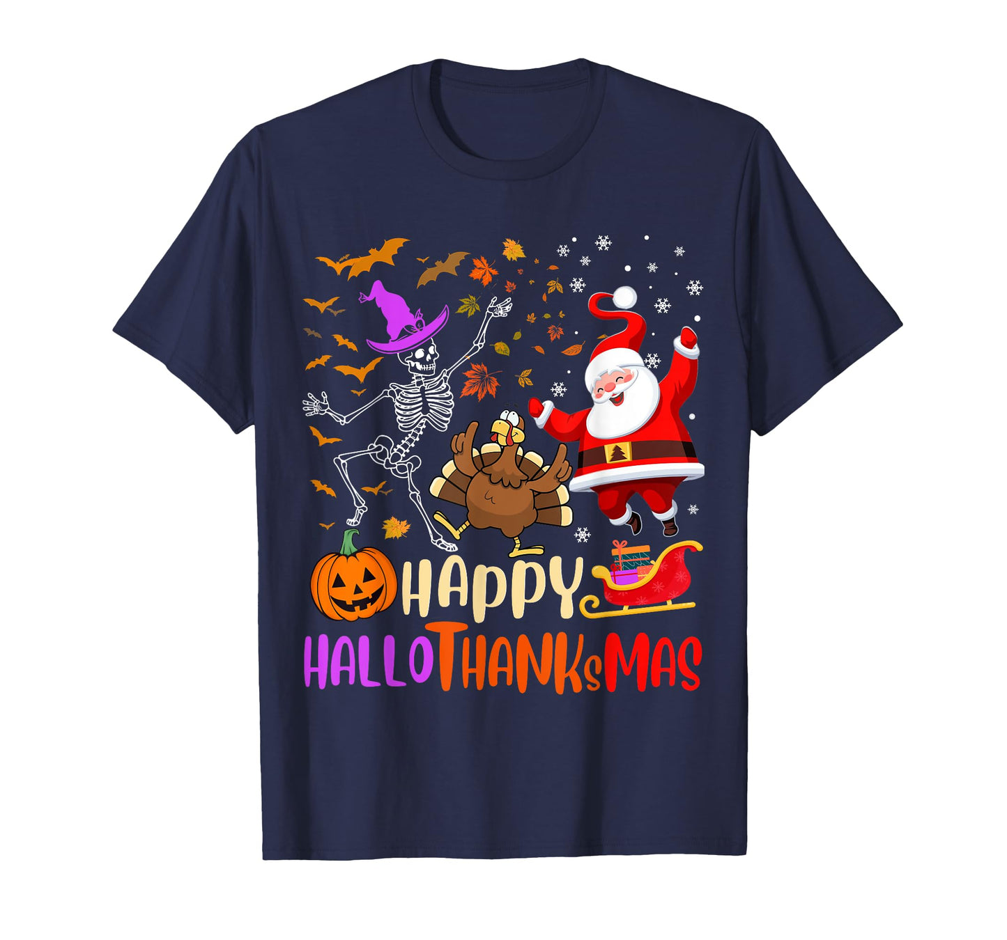 Happy Hallothanksmas Skeleton Pumpkin Turkey Santa Dancing T-Shirt