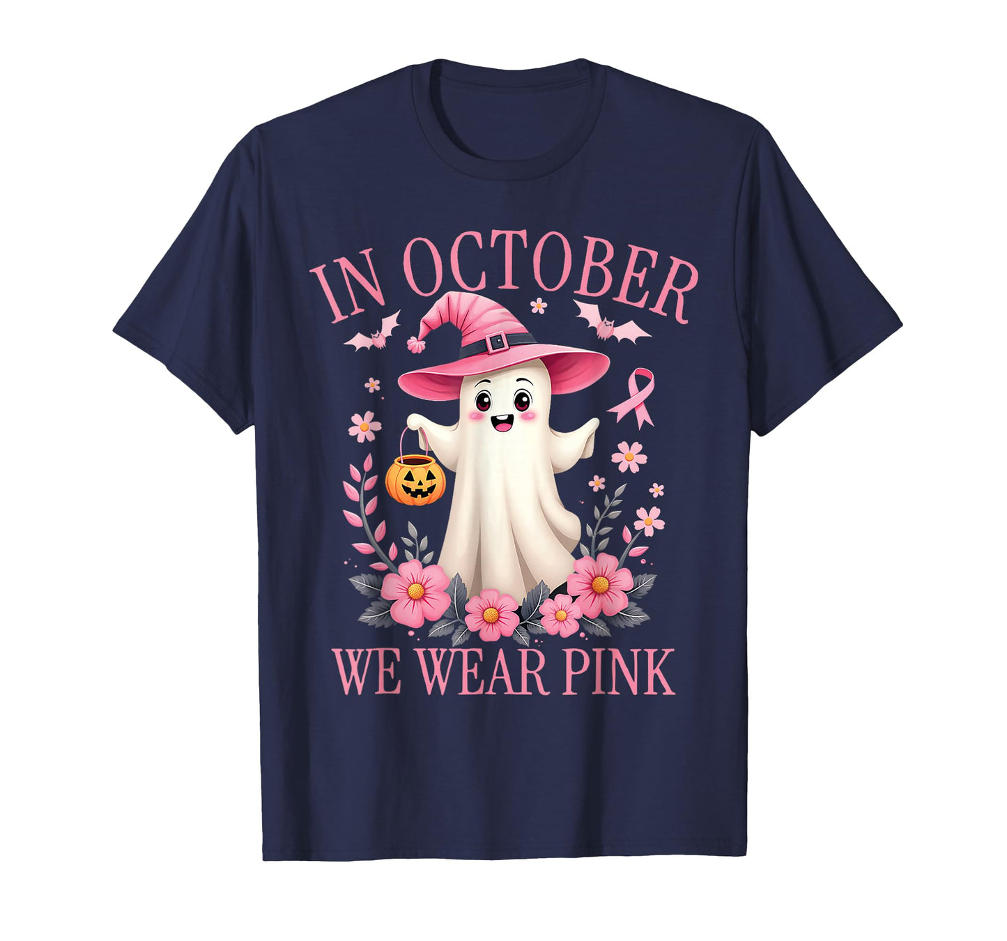 in October We Wear Pink Ghost Witch Breast Cancer Awareness T-Shirt
