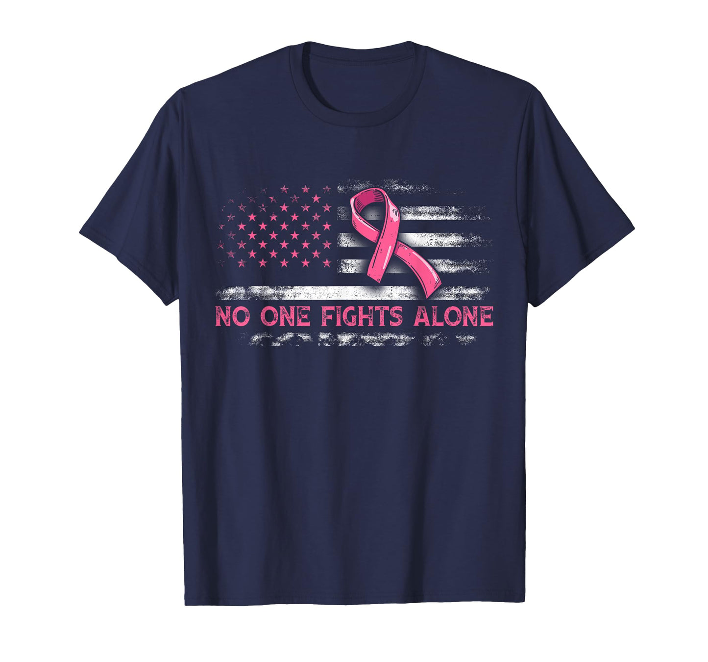 No One Fights Breast Cancer Alone American Flag Pink Ribbon T-Shirt