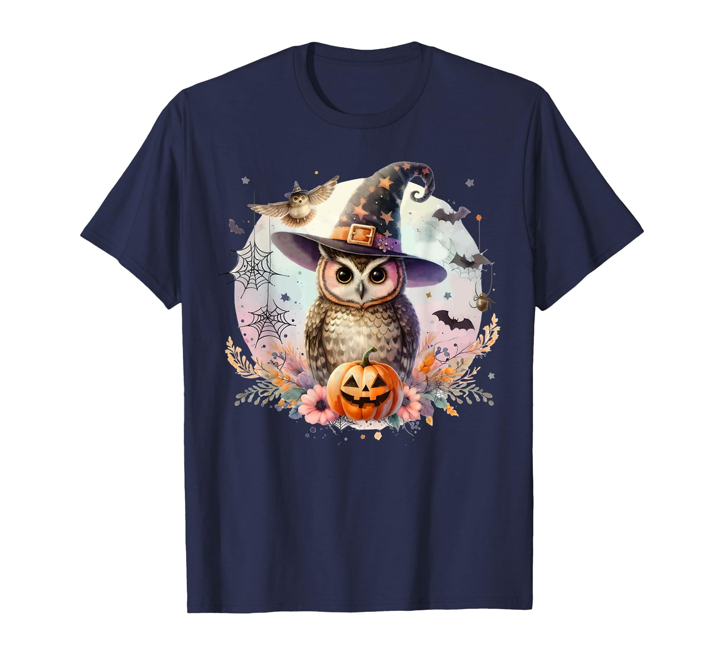 Owl Witch Hat and Pumpkin Funny Halloween Academia Witchy T-Shirt
