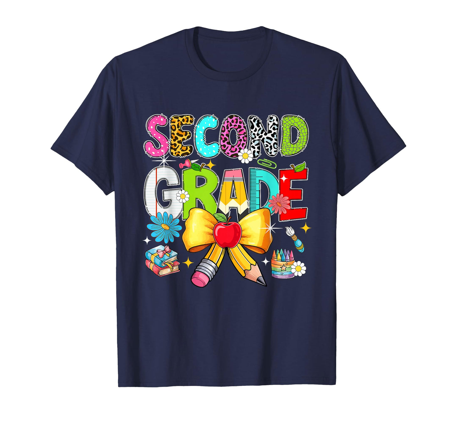 Second Grade Colorful Leopard Pencil Bow Tie Student Teacher T-Shirt