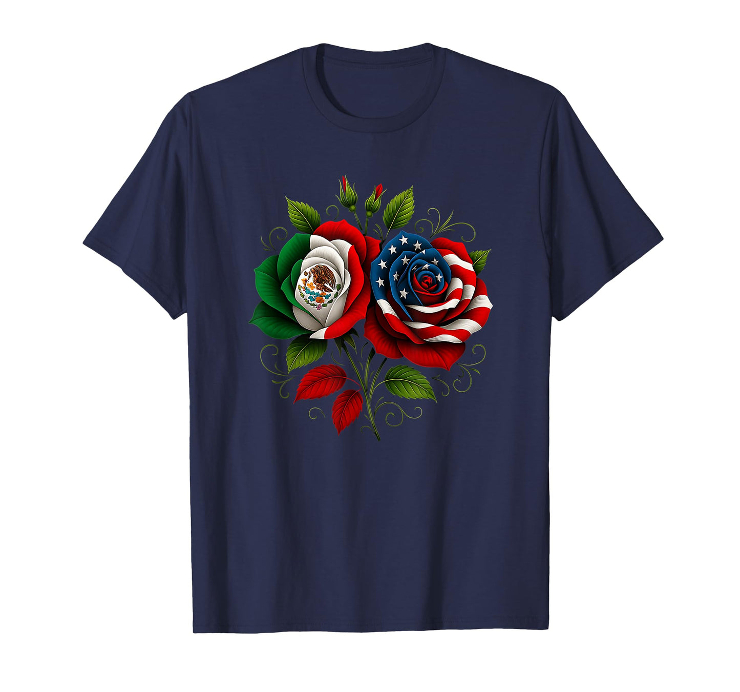 Mexico USA Flag Mexican Flag American Flag Rose Flower T-Shirt