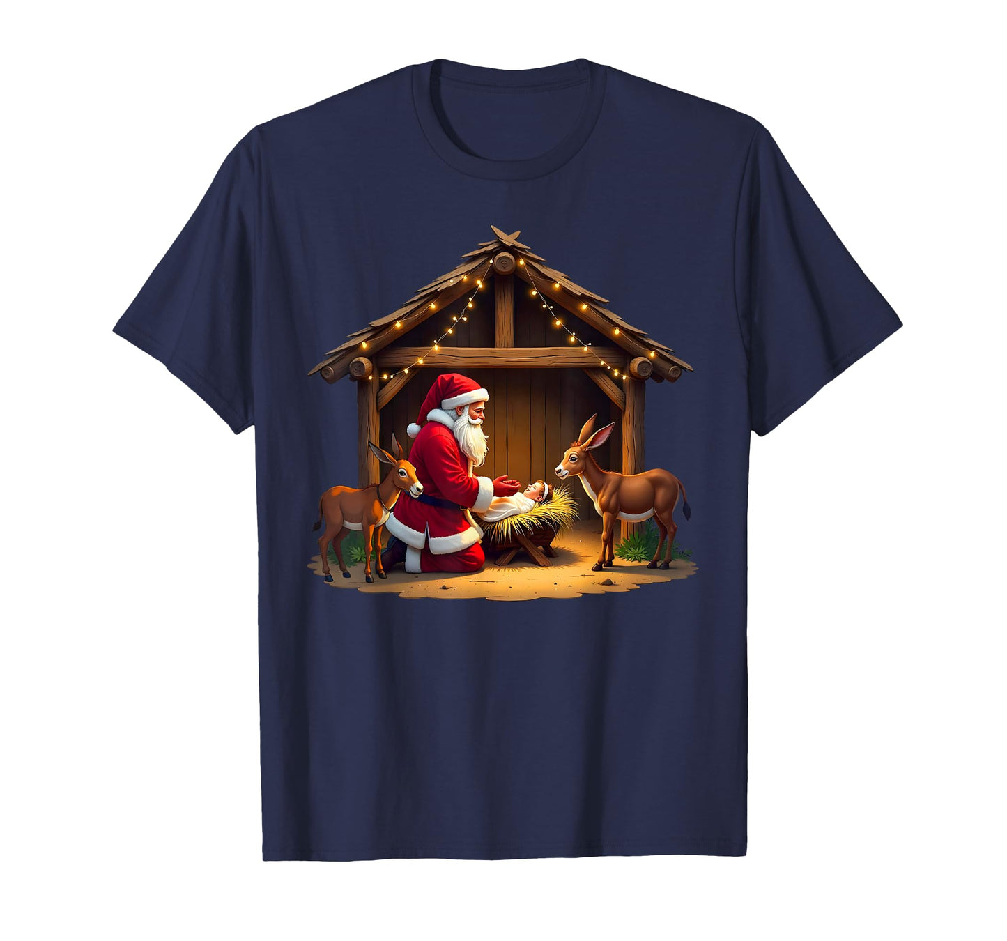 Kneeling Santa Claus & Baby Jesus Merry Christmas Christians T-Shirt
