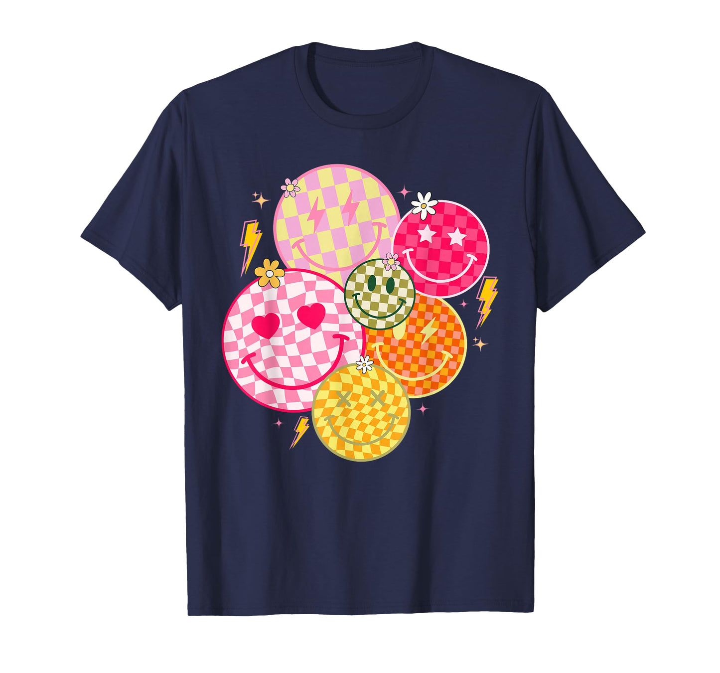 Retro Happy Face Shirt Checkered Pattern Smile Face Trendy T-Shirt