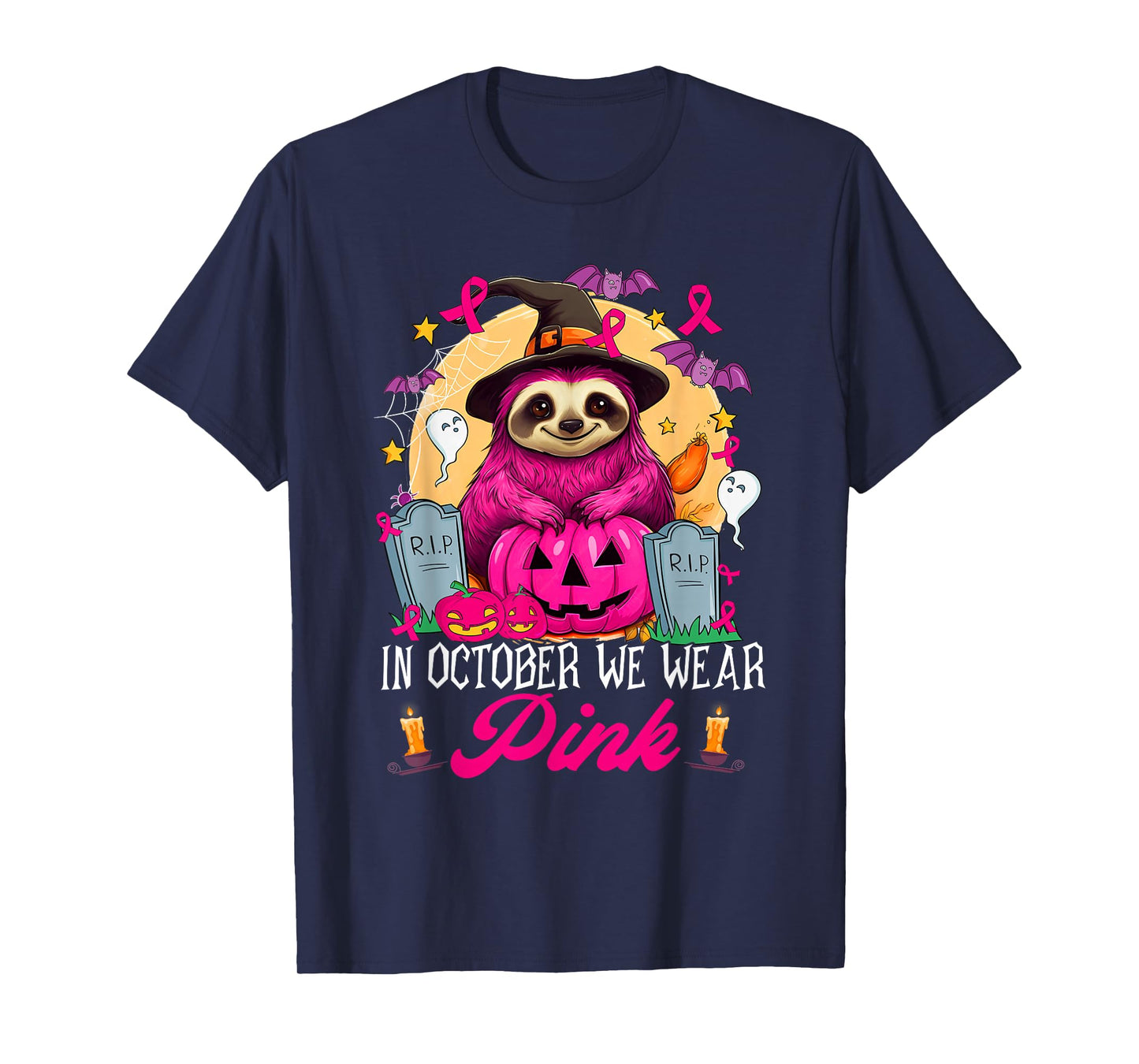 in October We Wear Pink Sloth Halloween Breast Cancer T-Shirt