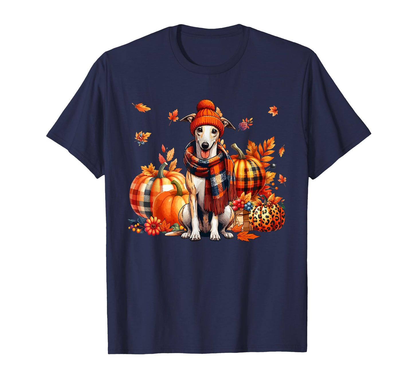 Whippet Thanksgiving Leopard Pumpkins Fall Leaves Lover T-Shirt