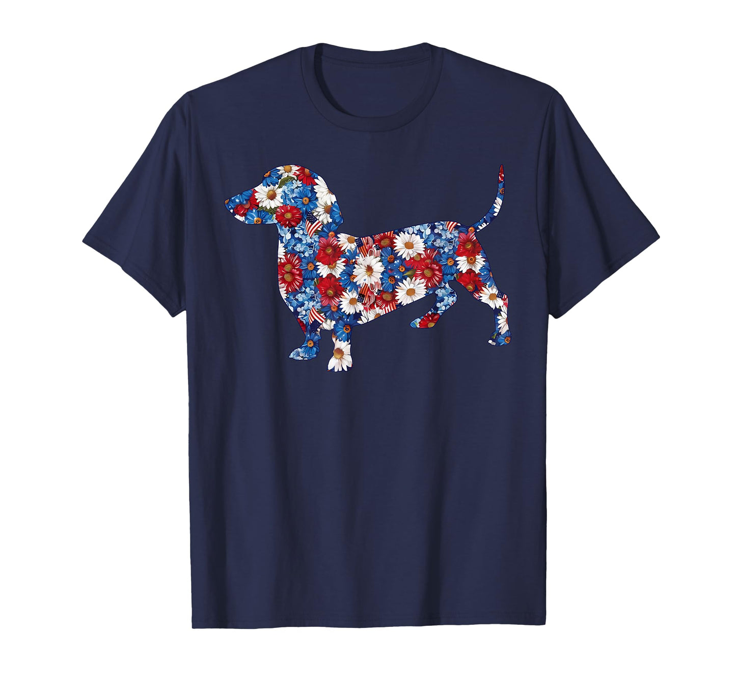 Cute Dachshund Flower Red White Blue US Flag 4th Of July T-Shirt