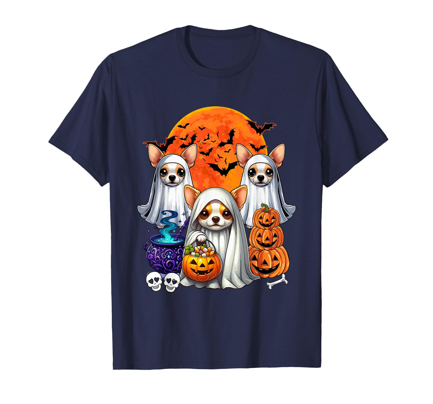 Three Cute Cihuahuas Cosplay Witch Boo Ghosts Halloween T-Shirt
