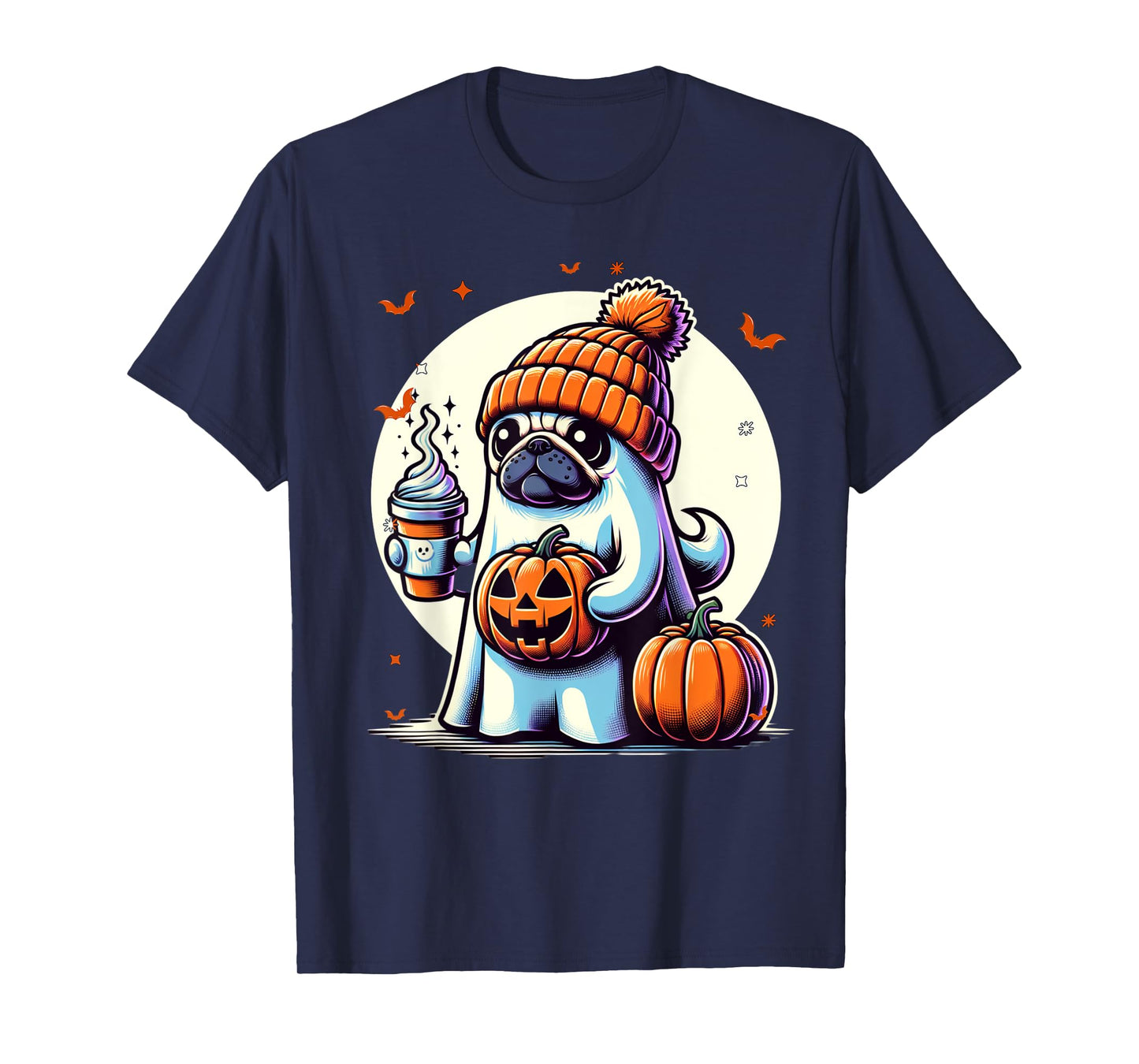 Ghost Pug Pumpkin Drinks Beanie Fall Halloween T-Shirt