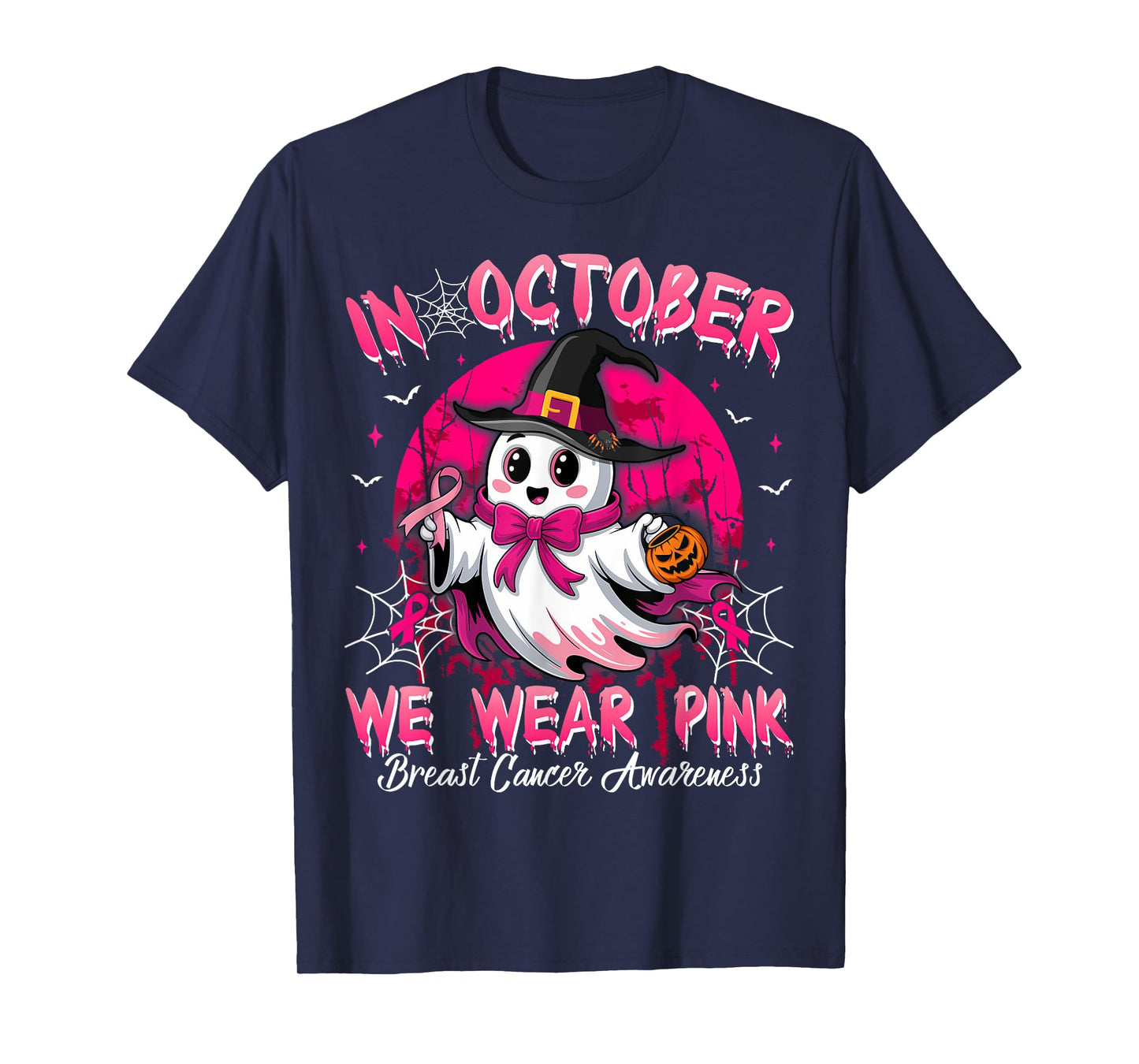 In October We Wear Pink Ghost Witch Breast Cancer Awareness T-Shirt