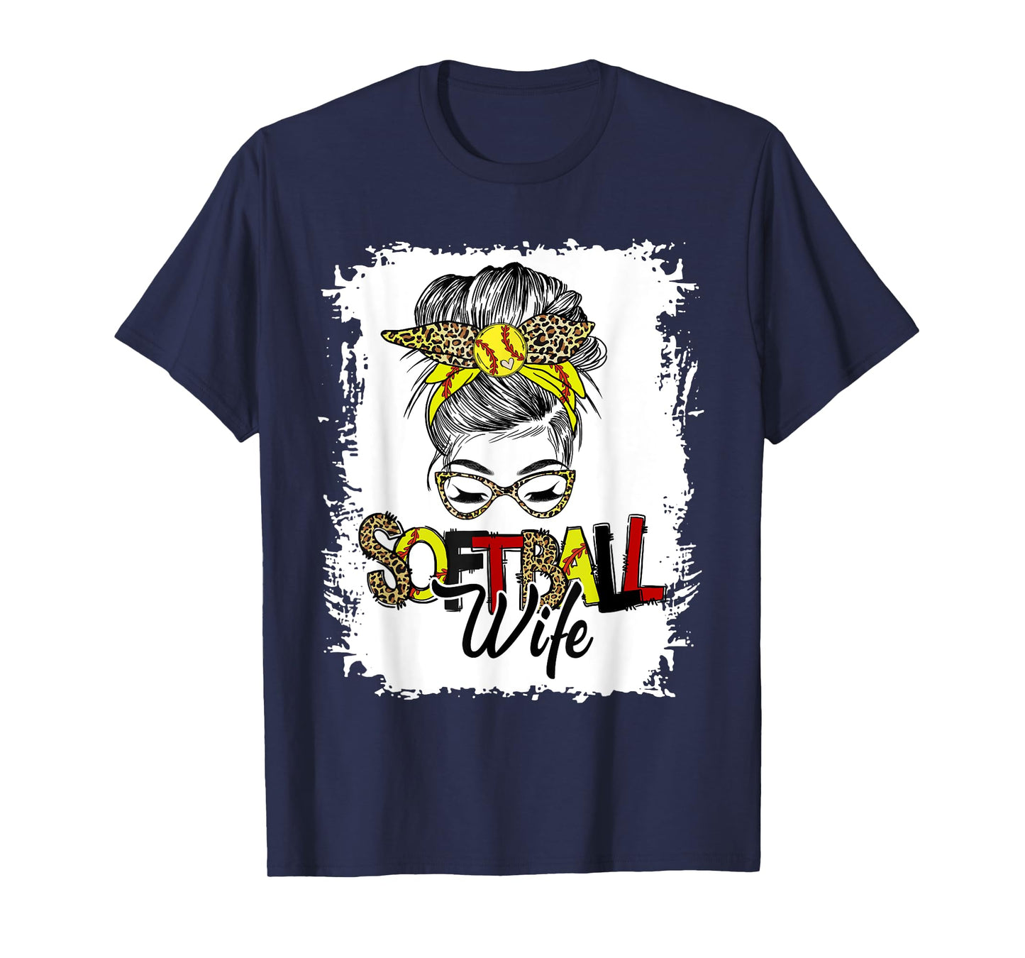 Softball Wife Life With Leopard Messy Bun Mother's Day T-Shirt