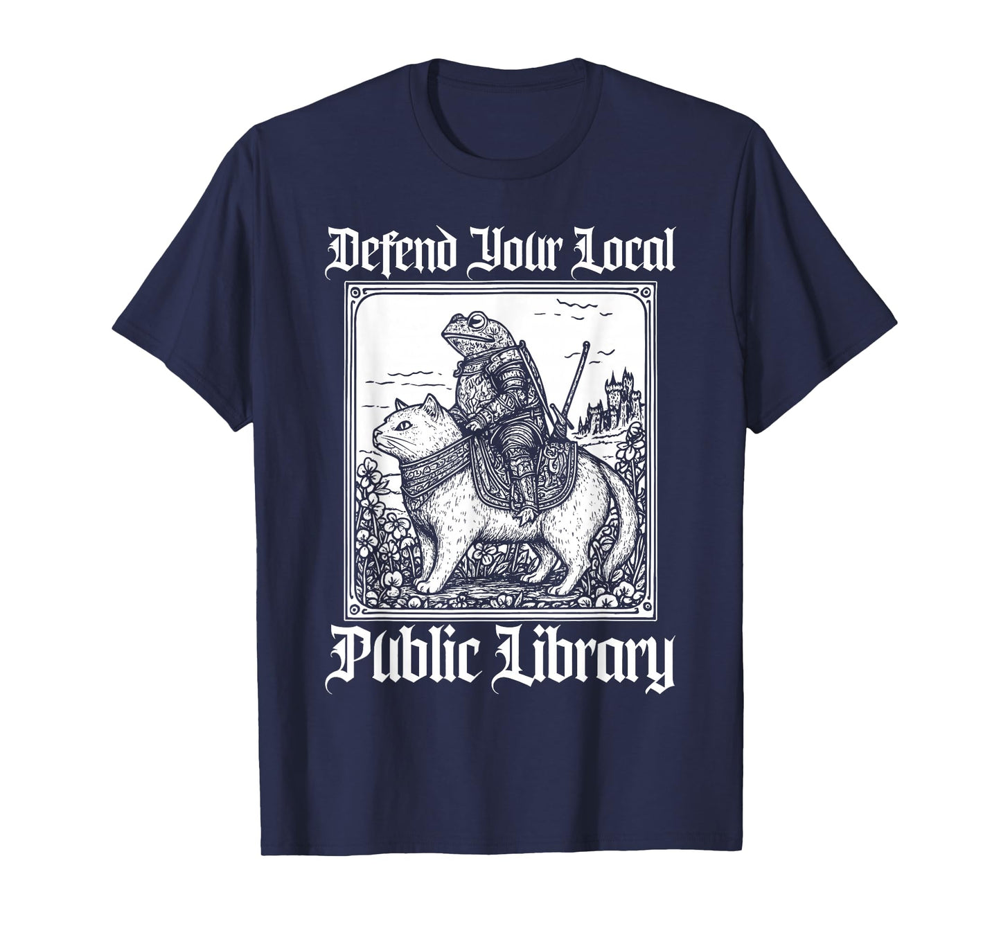 Defend Your Local Public Library Funny Knight Riding Cat T-Shirt