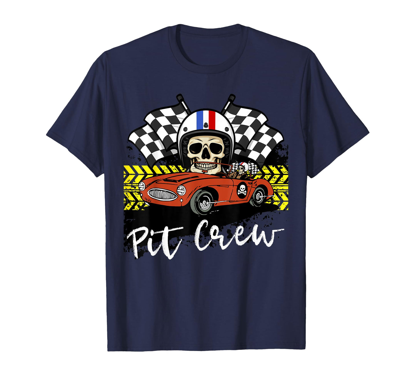 Skull Pit Crew Race car Skeleton Checkered Flag Halloween T-Shirt