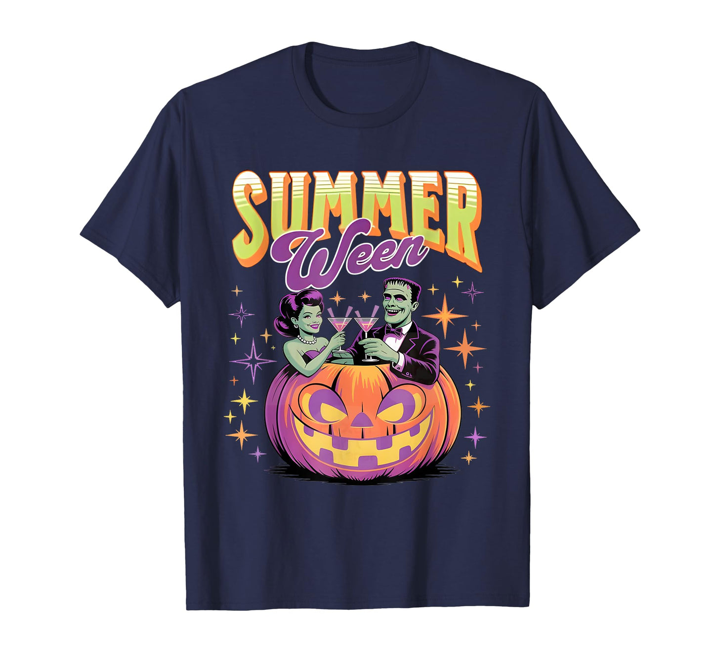 Retro Happy Summerween Funny Frankenstein Monster And Bride T-Shirt