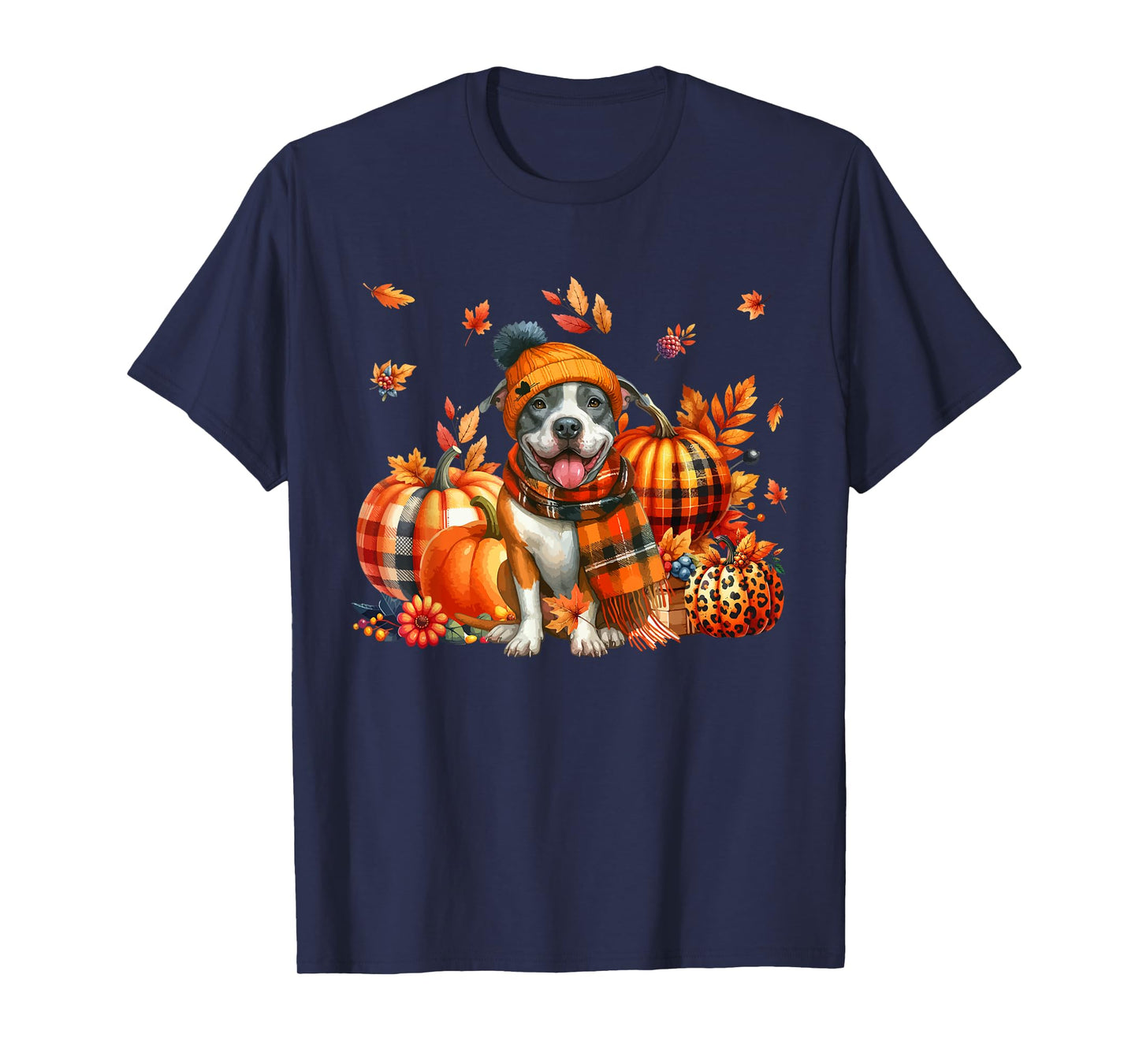 Pit Bull Thanksgiving Leopard Pumpkins Fall Leaves Lover T-Shirt
