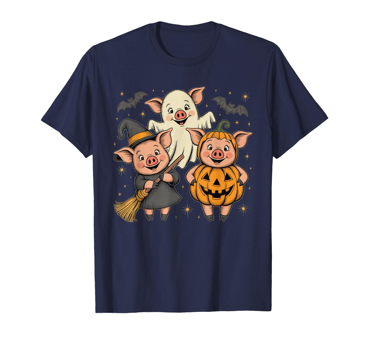 Three Halloween Pigs Cosplay Witch Boo Carved Pumpkin T-Shirt