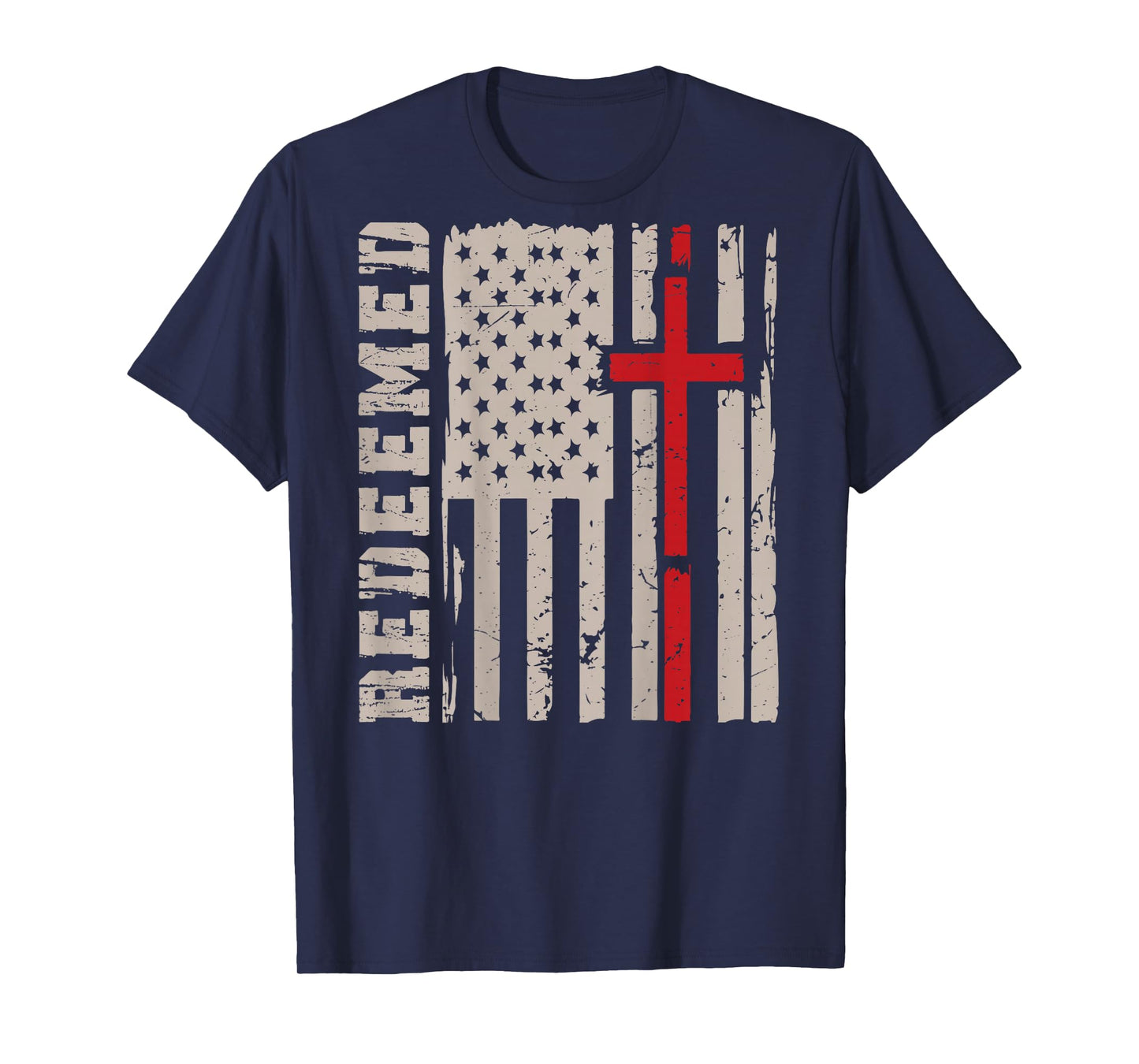 Men's Redeemed Faith Christian Patriotic Cross American Flag T-Shirt