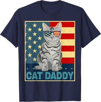Mens Patriotic Dad Cat Daddy Father Day Gift USA Flag 4th of July T-Shirt