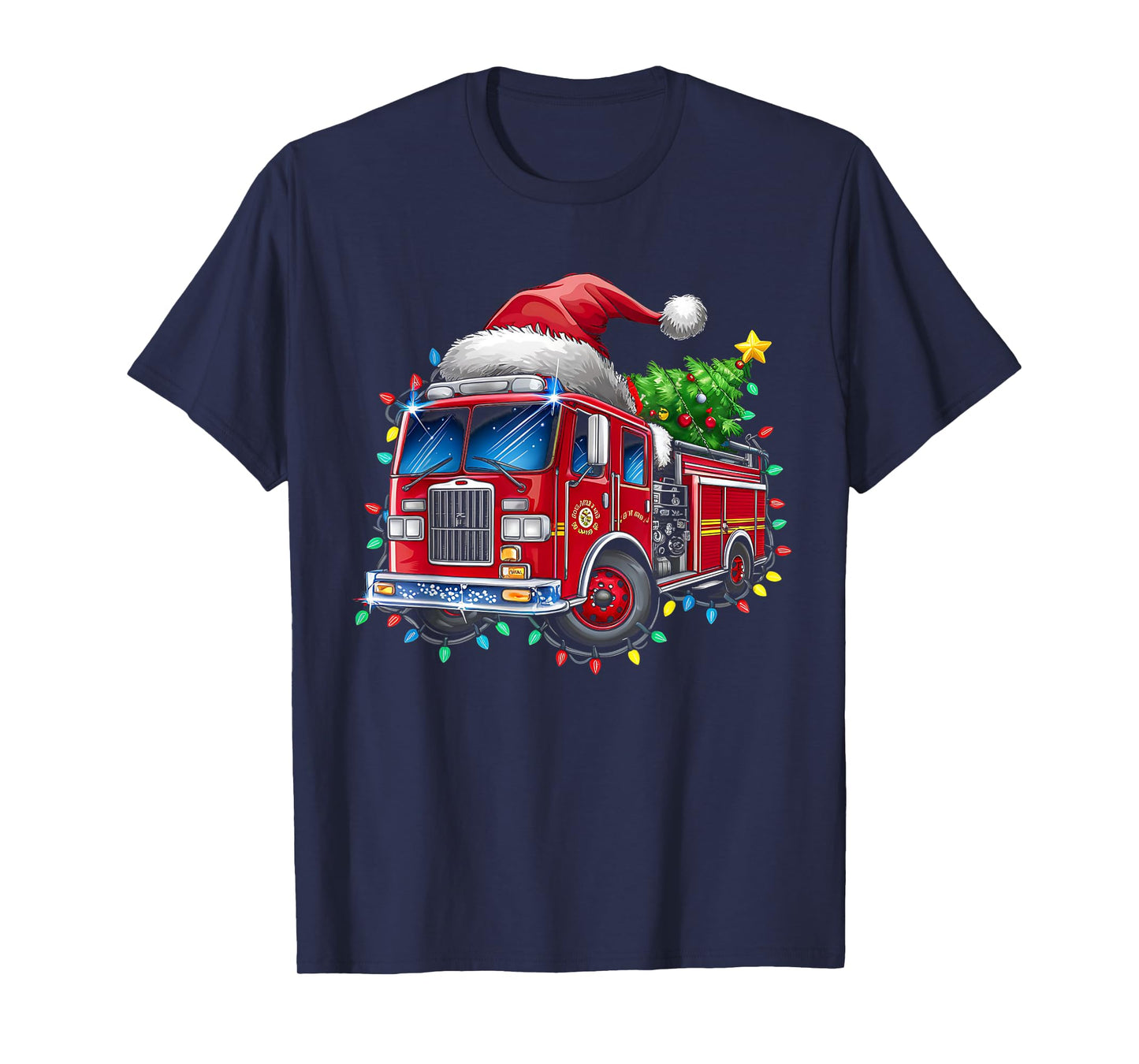 Funny Firetruck Santa Christmas Tree Lights Toddler Kids T-Shirt