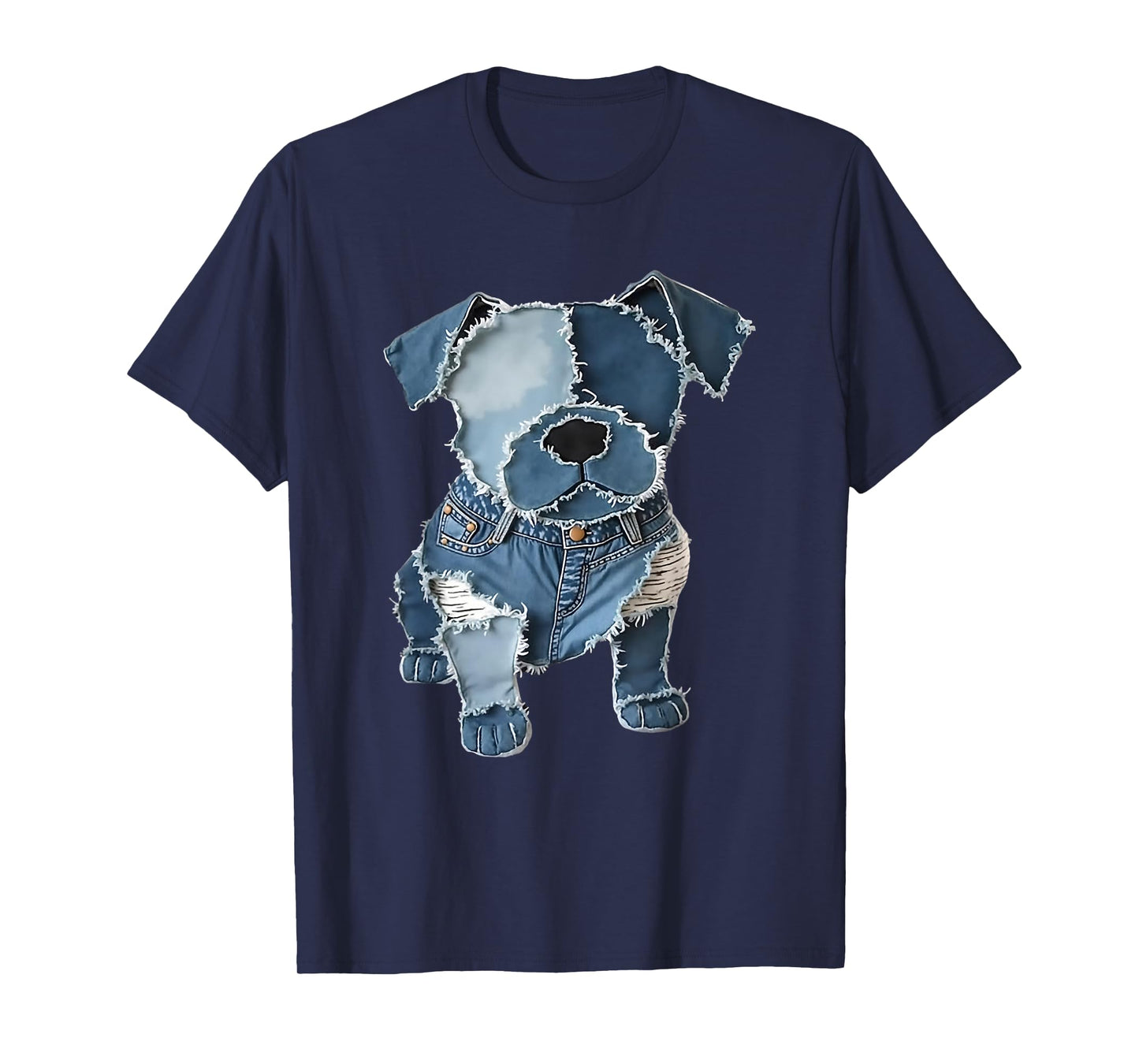 Retro Funny Denim Patch Animal Dog Print T-Shirt