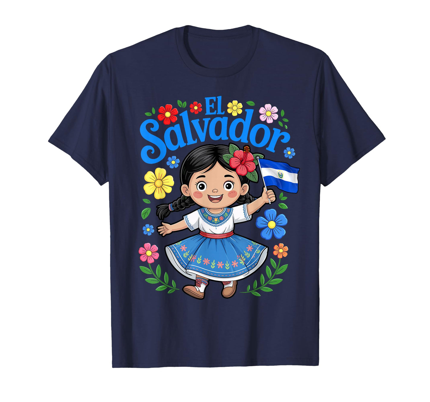 El Salvador Flag Girl Cute Floral Traditional Style for Kids T-Shirt