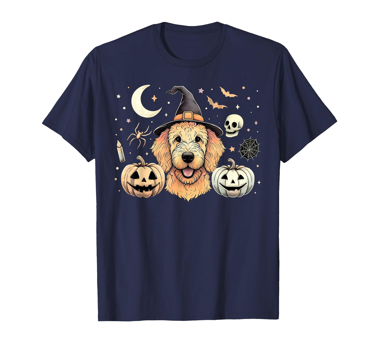 Halloween Goldendoodle and Pumpkins Bats Moon Spooky Holiday T-Shirt