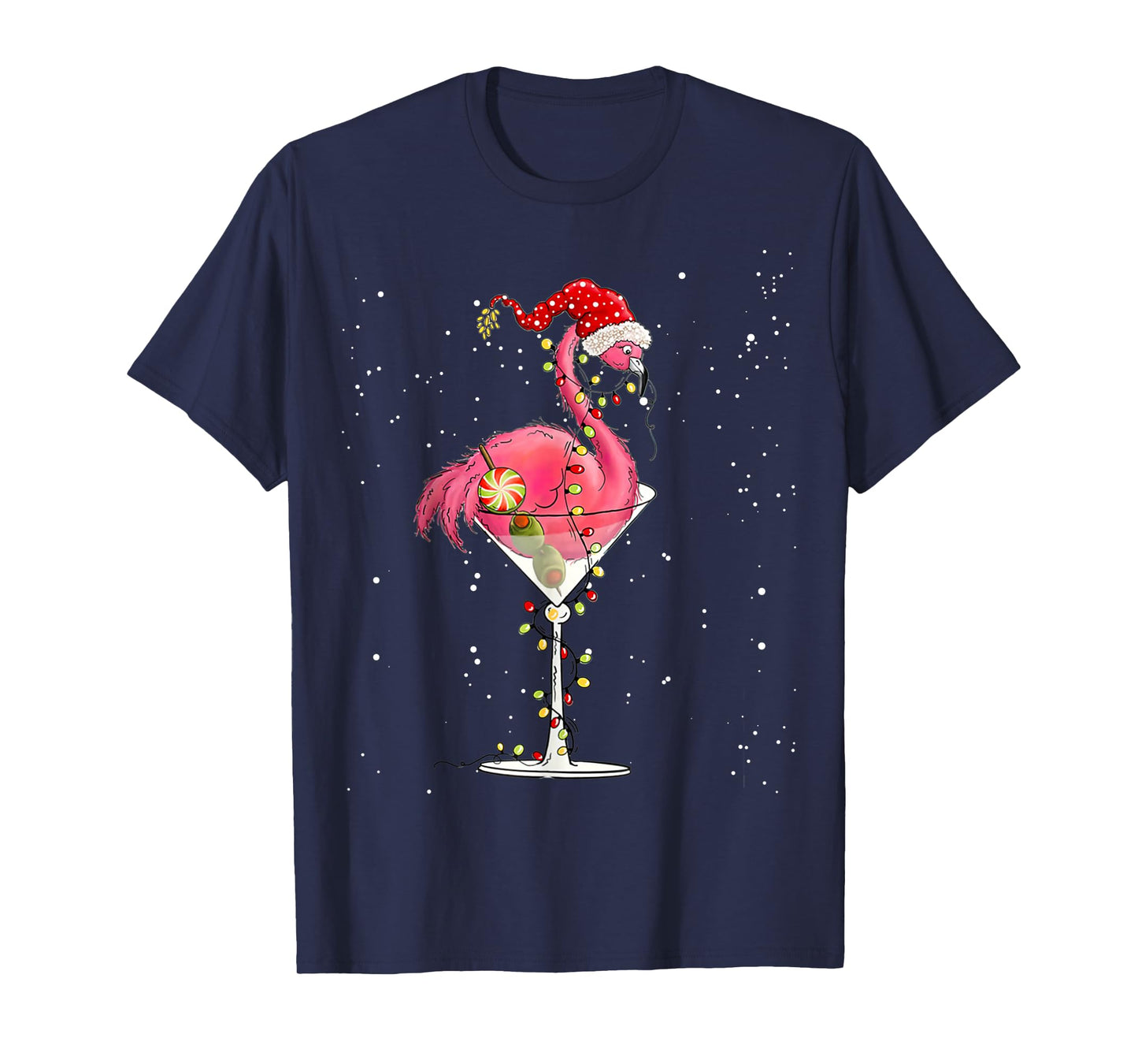 Merry Christmas Pink Flamingo Wine Drinking Lights Xmas Tree T-Shirt