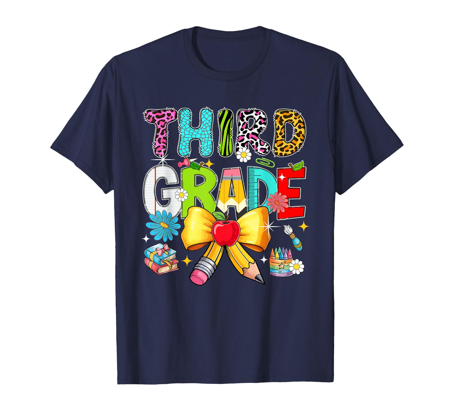 Third Grade Colorful Leopard Pencil Bow Tie Students Teacher T-Shirt