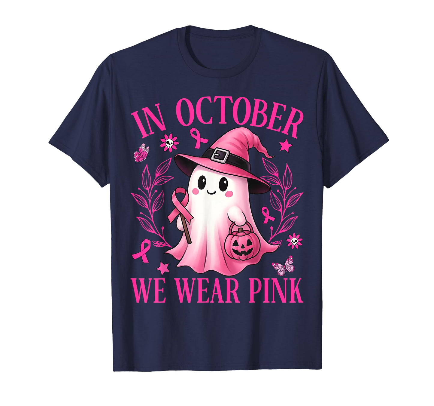 In October We Wear Pink Ghost Witch Breast Cancer Awareness T-Shirt