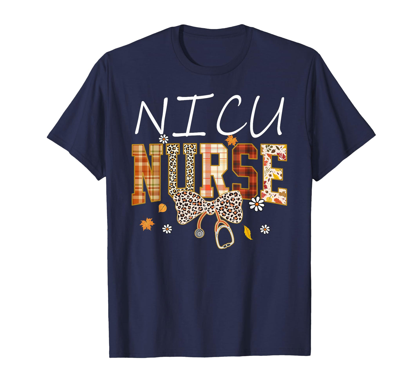 NICU Nurse Fall Plaid Leopard Bow Stethoscope T-Shirt