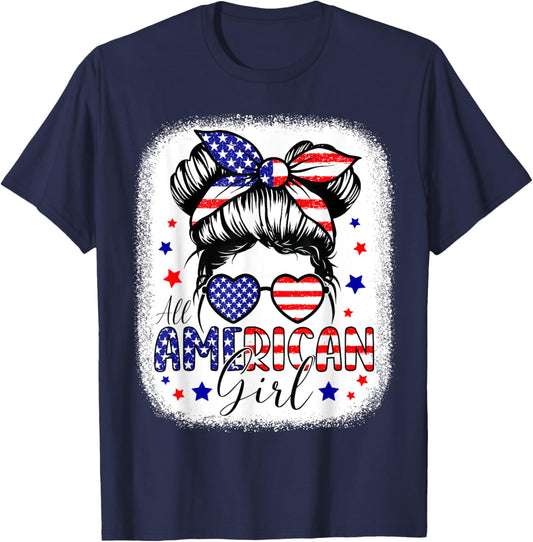 All American Girl 4th of July Shirt Daughter Messy Bun USA T-Shirt