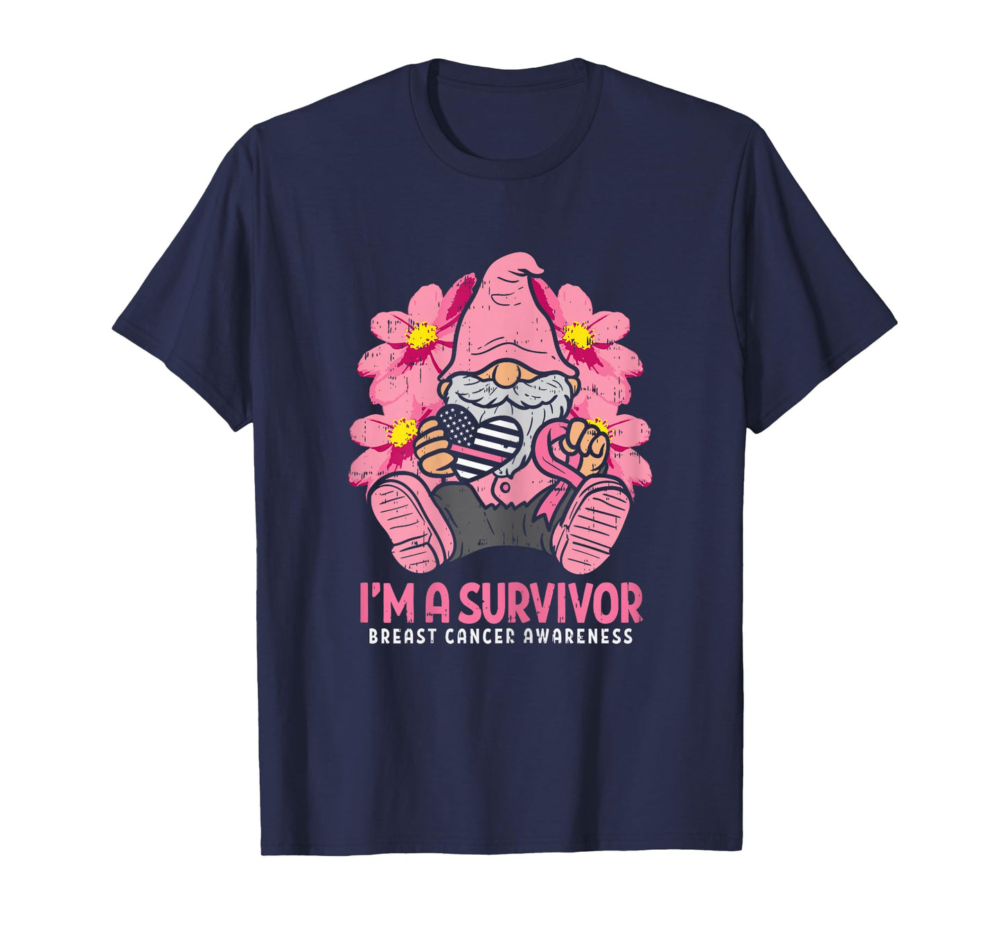 Breast Cancer Survivor Pink Ribbon Gnome US Flag Heart Gift T-Shirt