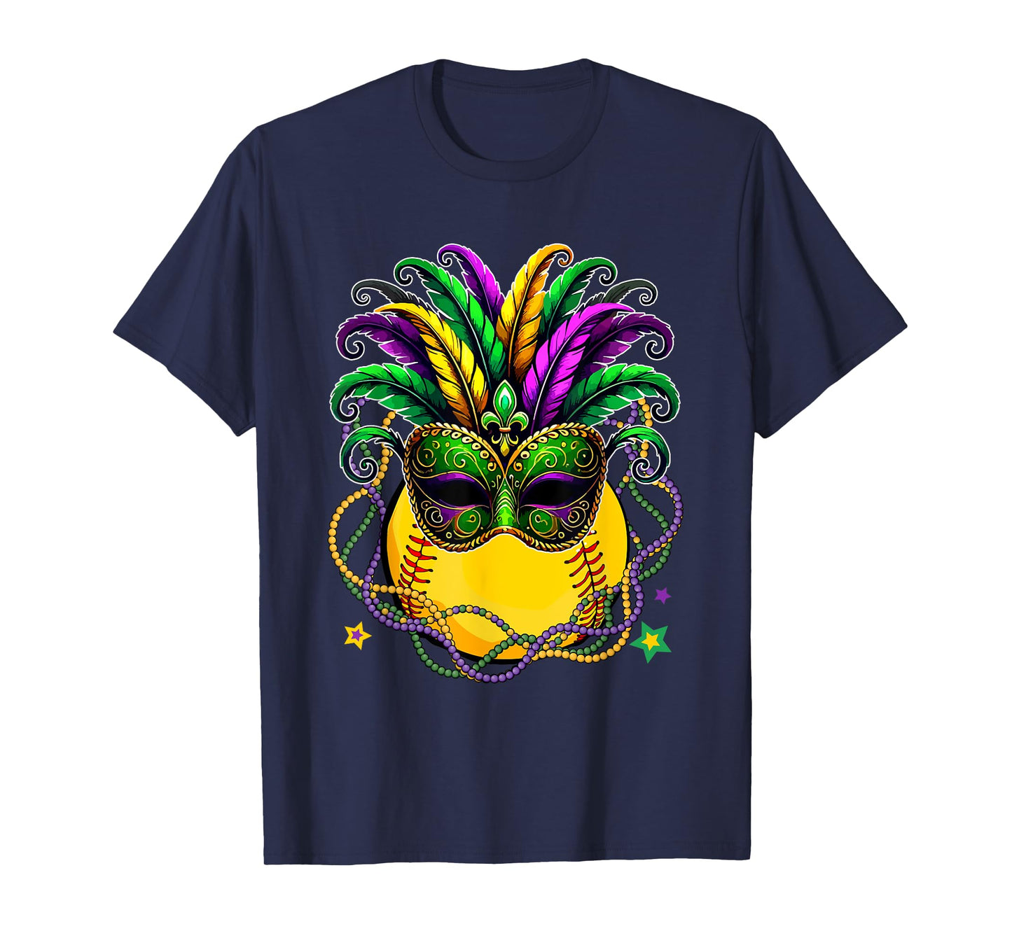 Softball Ball Wearing Mardi Gras Masked Beads Funny Player T-Shirt