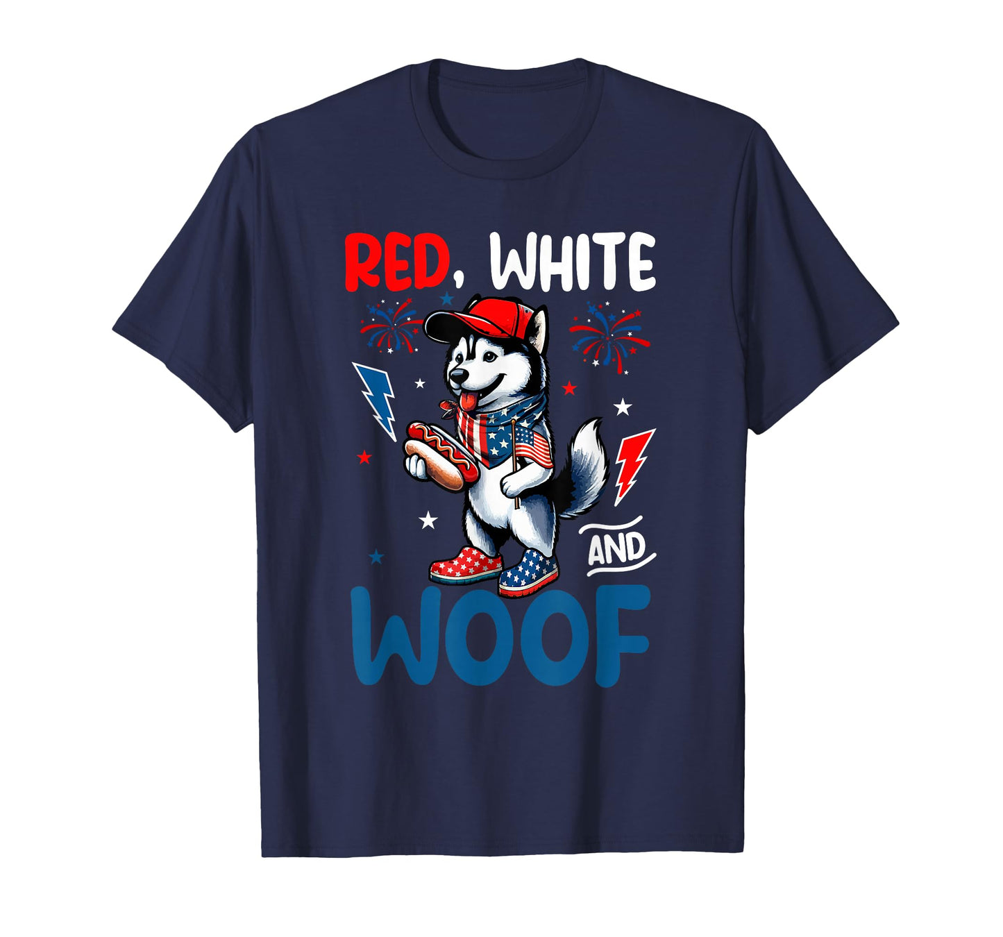 Red White And Woof 4th July US Flag Husky Eating Hotdog T-Shirt