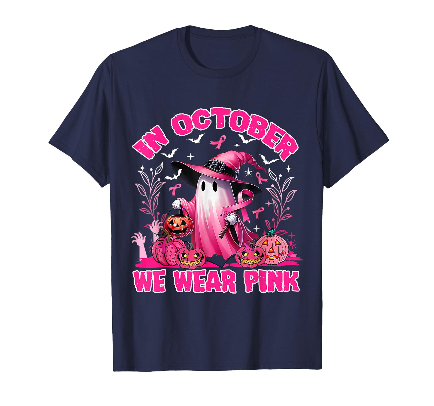 In October We Wear Pink Ghost Witch Breast Cancer Awareness T-Shirt