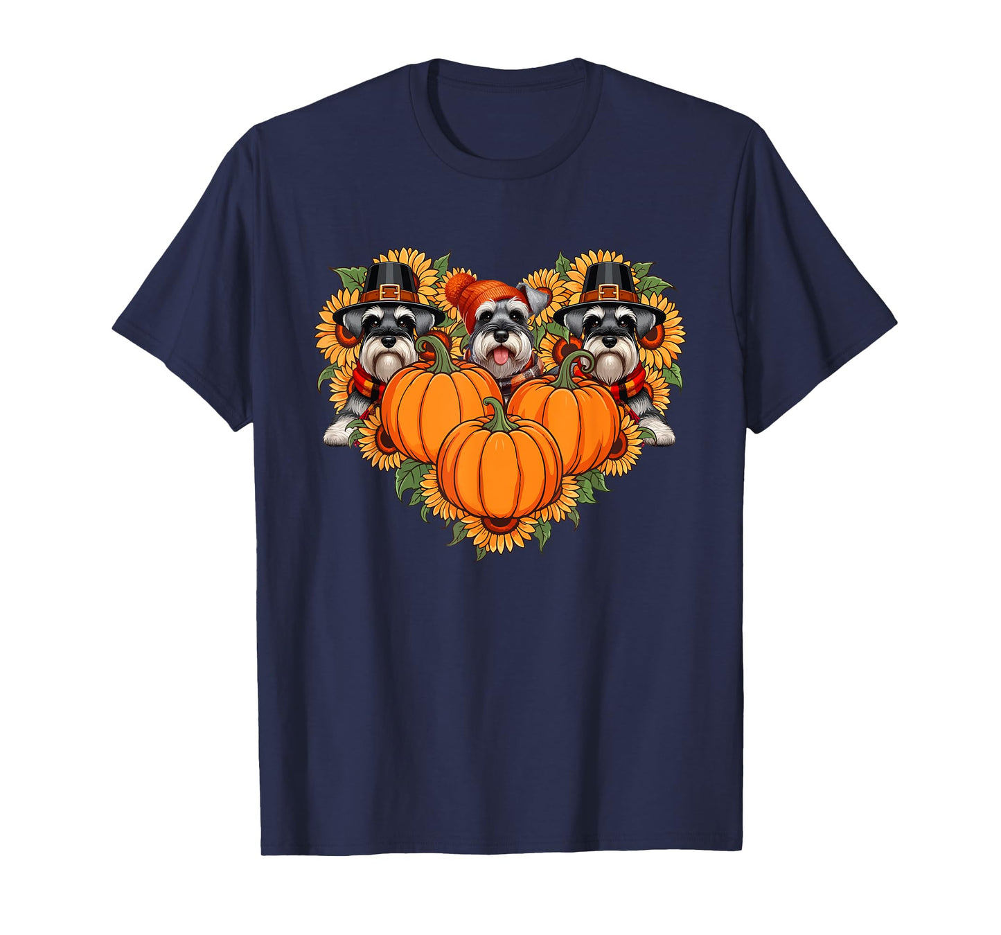 Three Cute Schnauzers Thanksgiving Pilgrim Fall Sunflowers T-Shirt