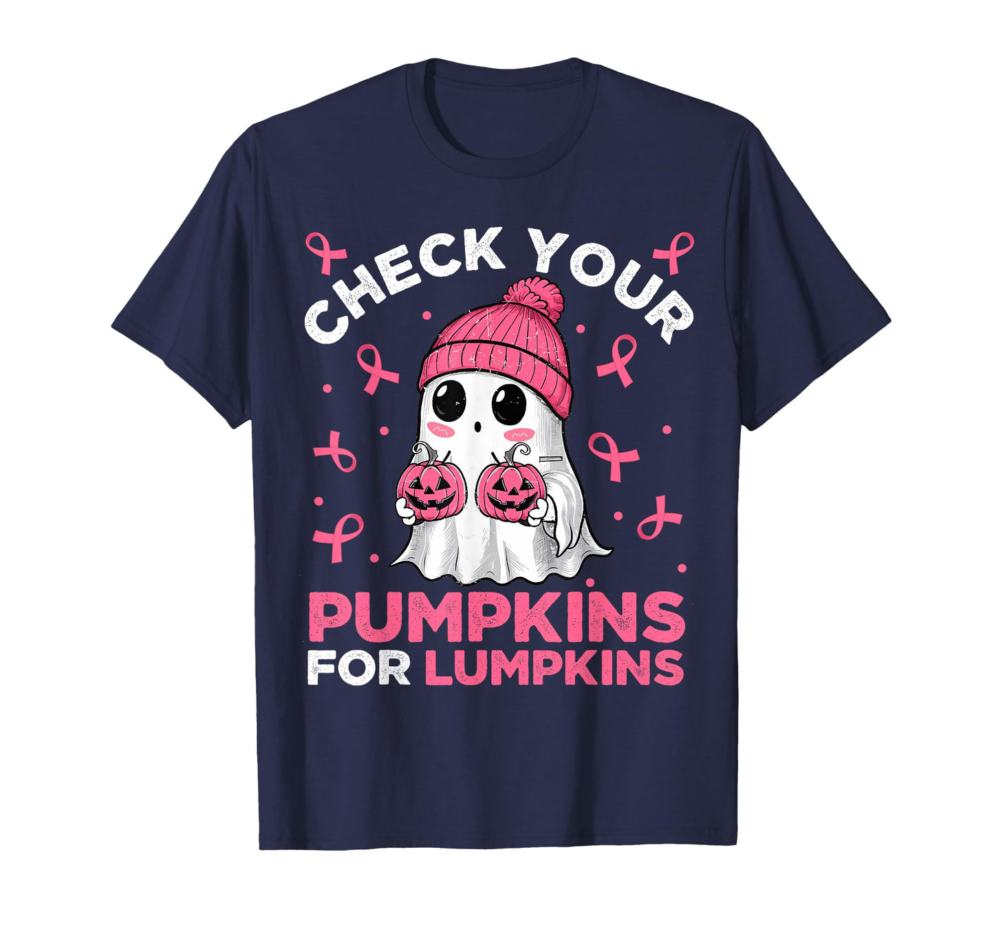 Breast Cancer Halloween Boo Ghost Check Your Pumpkins Womens T-Shirt