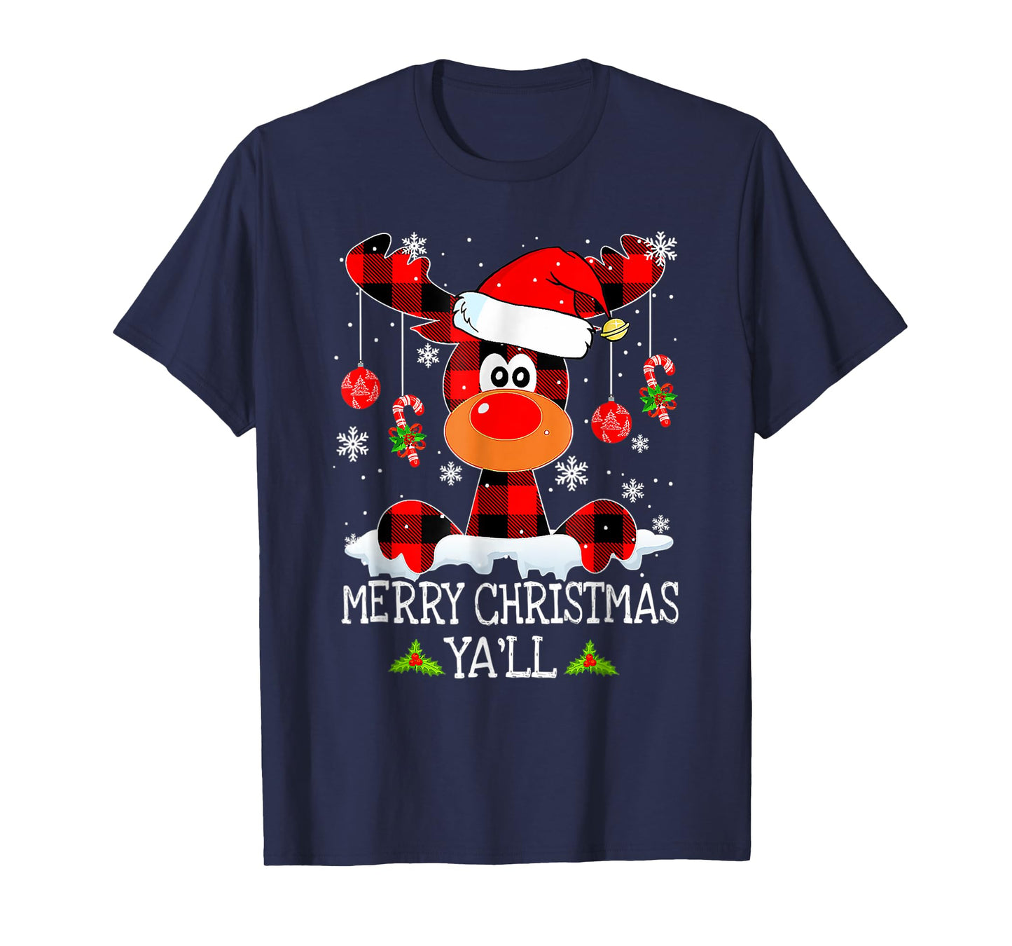 Merry Christmas Ya'll Reindeer Santa Hat Buffalo Red Plaid T-Shirt