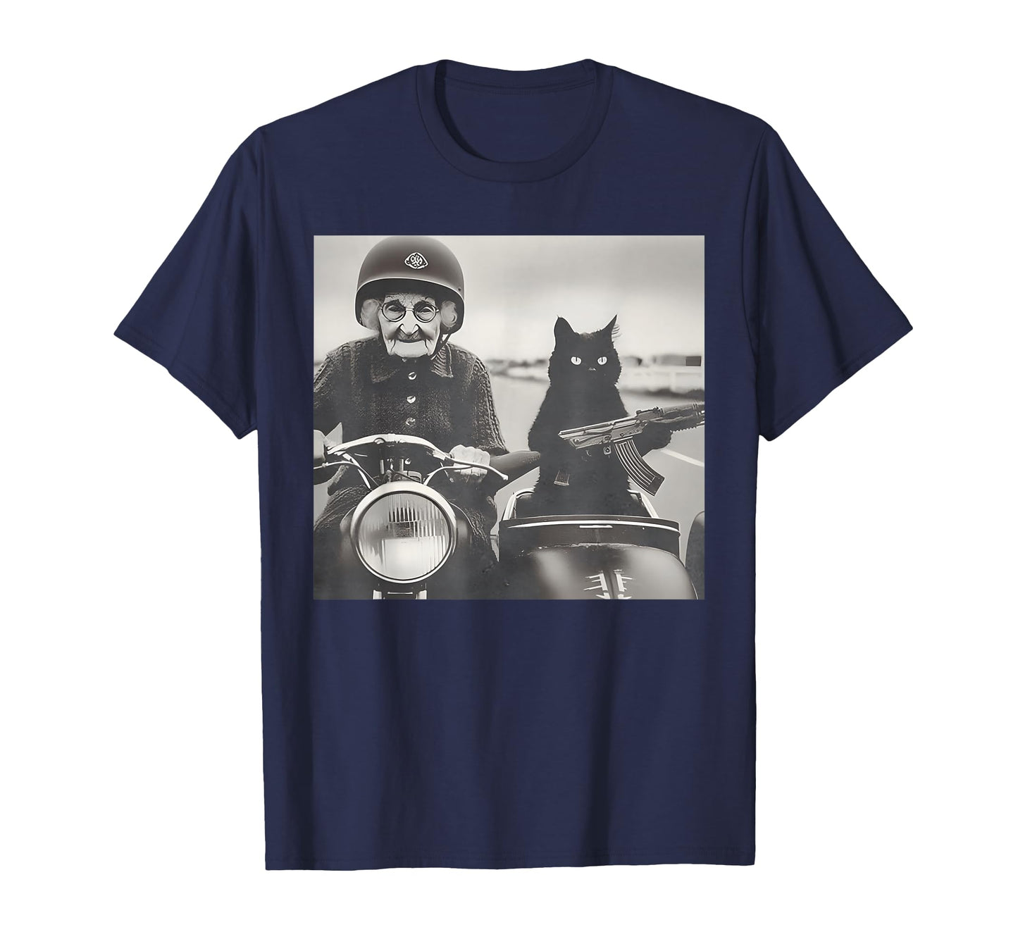 Granny And Her Armed Cat Riding Vintage Motorcycle T-Shirt
