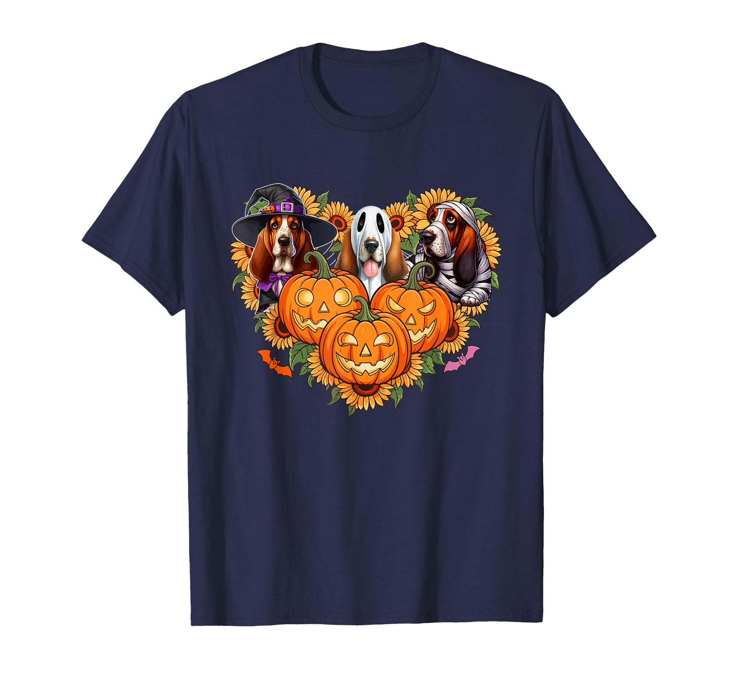 Three Halloween Basset Hounds Cosplay Witch Boo Mummy T-Shirt