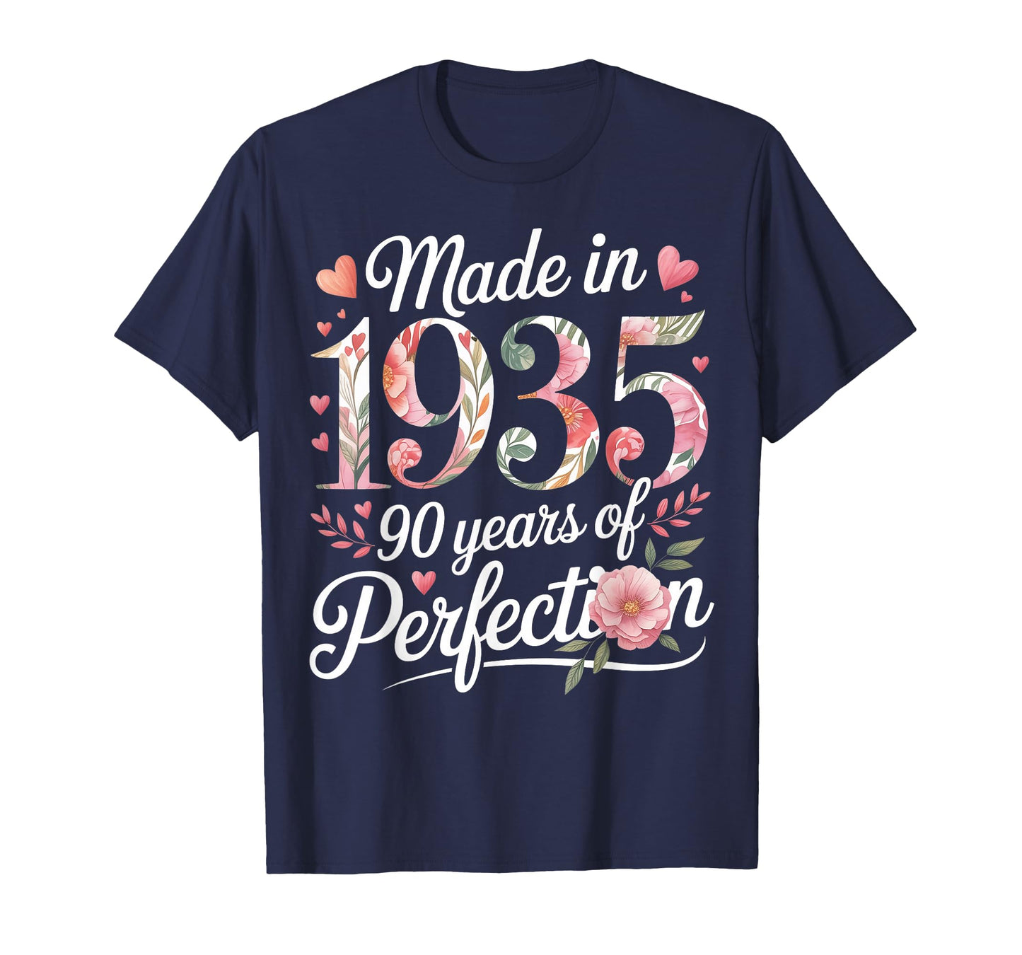 Made in 1935 90 Years of Perfection Floral 90th Birthday T-Shirt