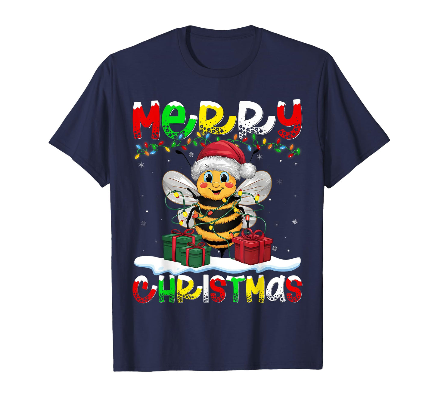 Xmas Lighting Santa Hat Bee Merry Christmas T-Shirt