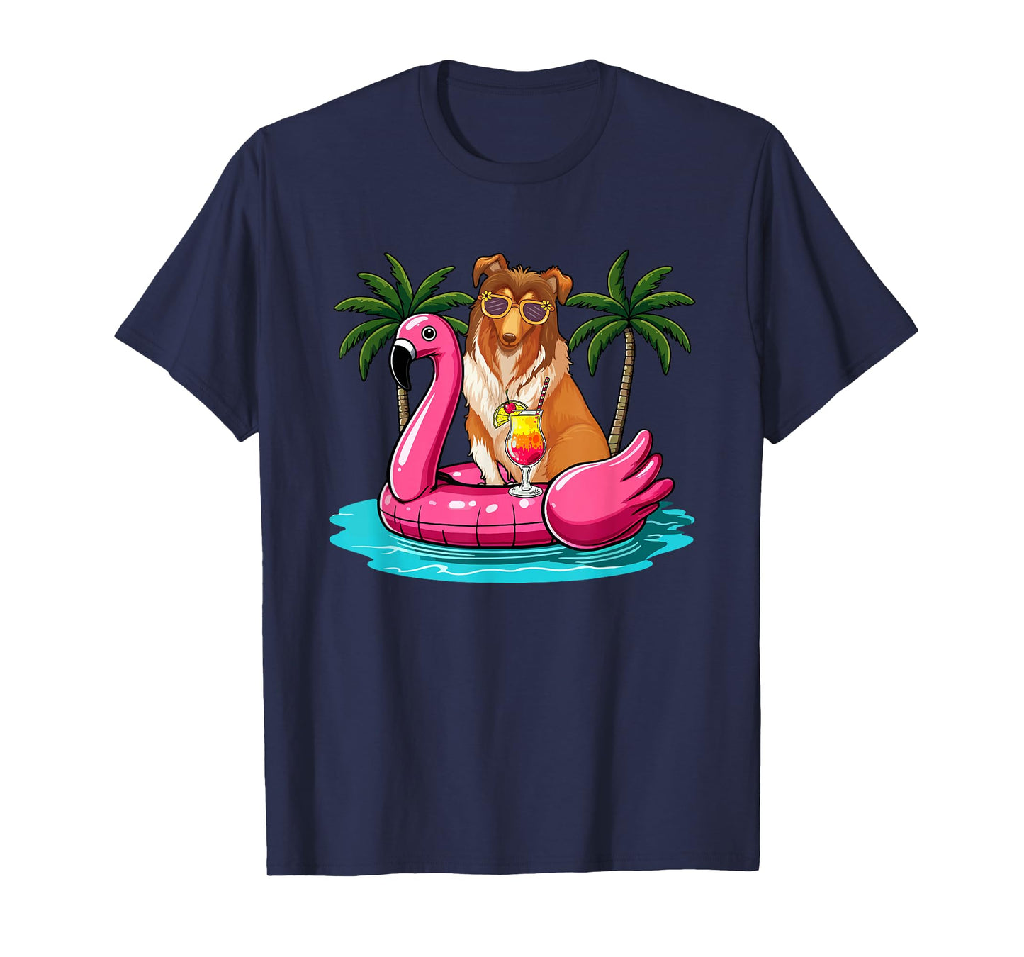 Sheltie Sunglasses On Flamingo Cute Float Costume Summer T-Shirt