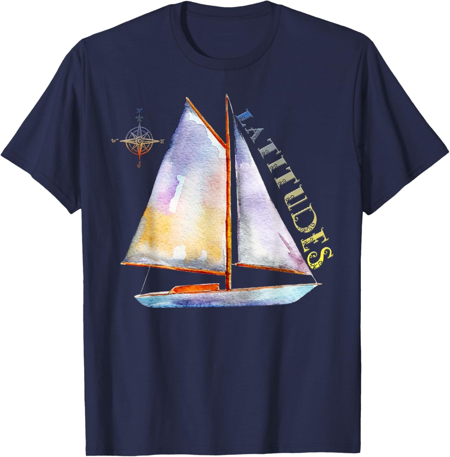 Watercolor Sailboat with Compass and LATITUDES Sailing T-Shirt
